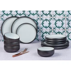 Service Les Essentiels en Grès Gourmet blanc granité/noir onyx - 12 pièces