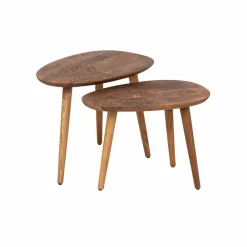 Set 2 tables d'appoint plateau sculpté bois massif Acacia Adir Marron - 58x40x46 cm