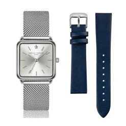 Set Montre Femme 2 Bracelets Plaza en Acier & Cuir argenté/bleu foncé