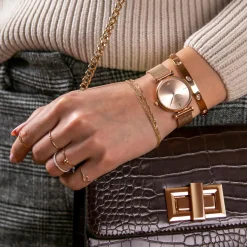 Set Montre Femme 2 Bracelets Gold Shore en Acier & Cuir rose doré/blanc