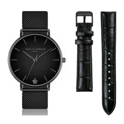 Set Montre Femme 2 Bracelets Jet Black en Acier & Cuir noir