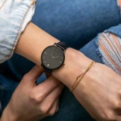 Set Montre Femme 2 Bracelets Jet Black en Acier & Cuir noir