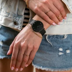 Set Montre Femme 2 Bracelets Jet Black en Acier & Cuir noir