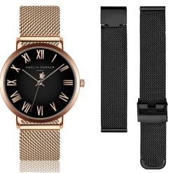 Set Montre Femme 2 Bracelets Grand en Acier rose doré/noir
