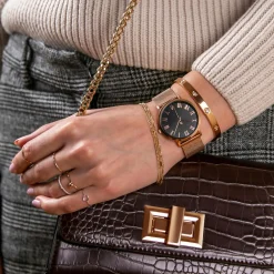 Set Montre Femme 2 Bracelets Grand en Acier rose doré/noir