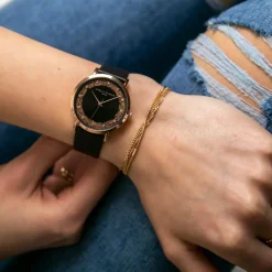 Set Montre Femme 2 Bracelets Coral en Acier & Cuir rose doré/noir