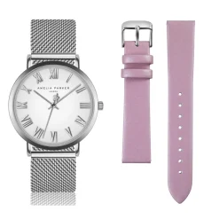 Set Montre Femme 2 Bracelets Grand Blanc en Acier & Cuir argenté/rose