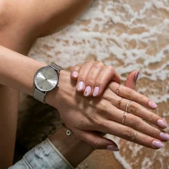 Set Montre Femme 2 Bracelets Capsule en Acier & Cuir argenté/blanc