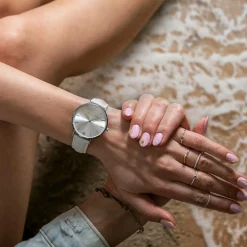 Set Montre Femme 2 Bracelets Capsule en Acier & Cuir argenté/blanc