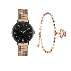 Set Montre Femme & Bracelet Petite Noir en Acier rose doré