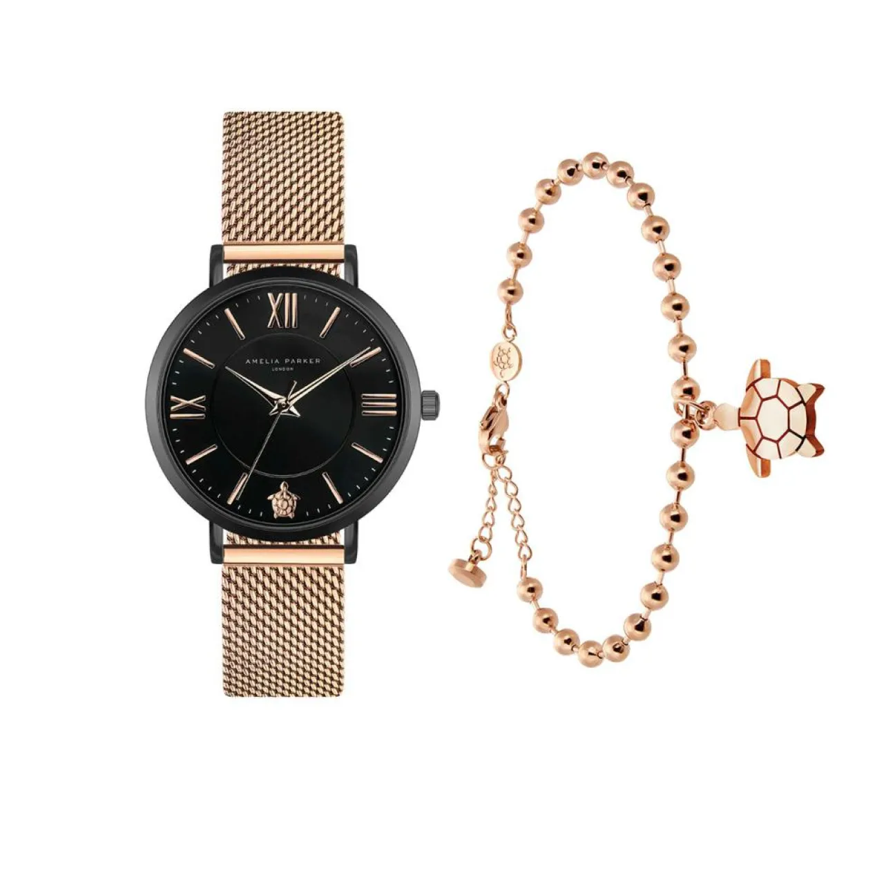 Set Montre Femme & Bracelet Petite Noir en Acier rose doré