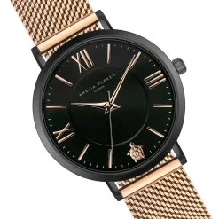 Set Montre Femme & Bracelet Petite Noir en Acier rose doré