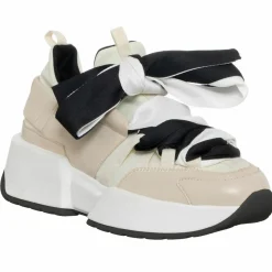 Sneakers en Cuir & Toile Lorena beige/rose/noir - Plateforme 5 cm
