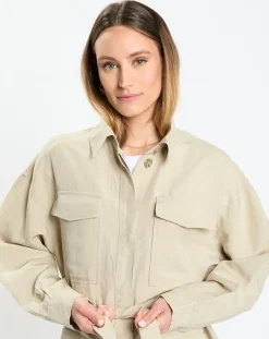 Surchemise Ceinturée en Lin mélangé beige clair