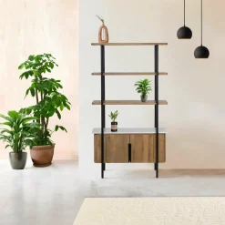 Étagère 2 portes plateau marbre blanc Manguier Kfir II Naturel - 95x40x170 cm