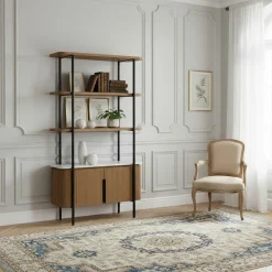 Étagère 2 portes plateau marbre blanc Manguier Kfir II Naturel - 95x40x170 cm