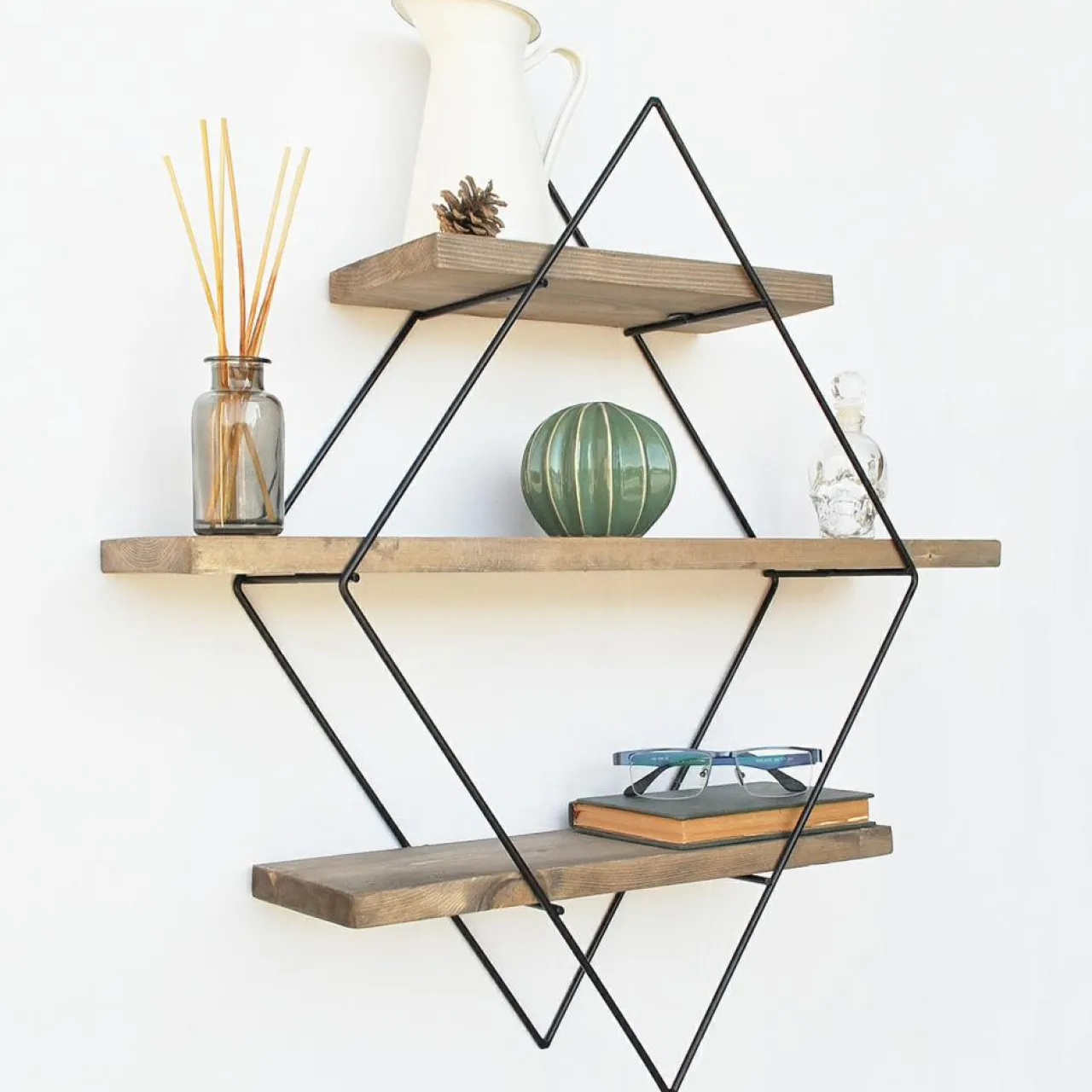 Étagère 3 étages losange noyer/noir - 62x42x15 cm