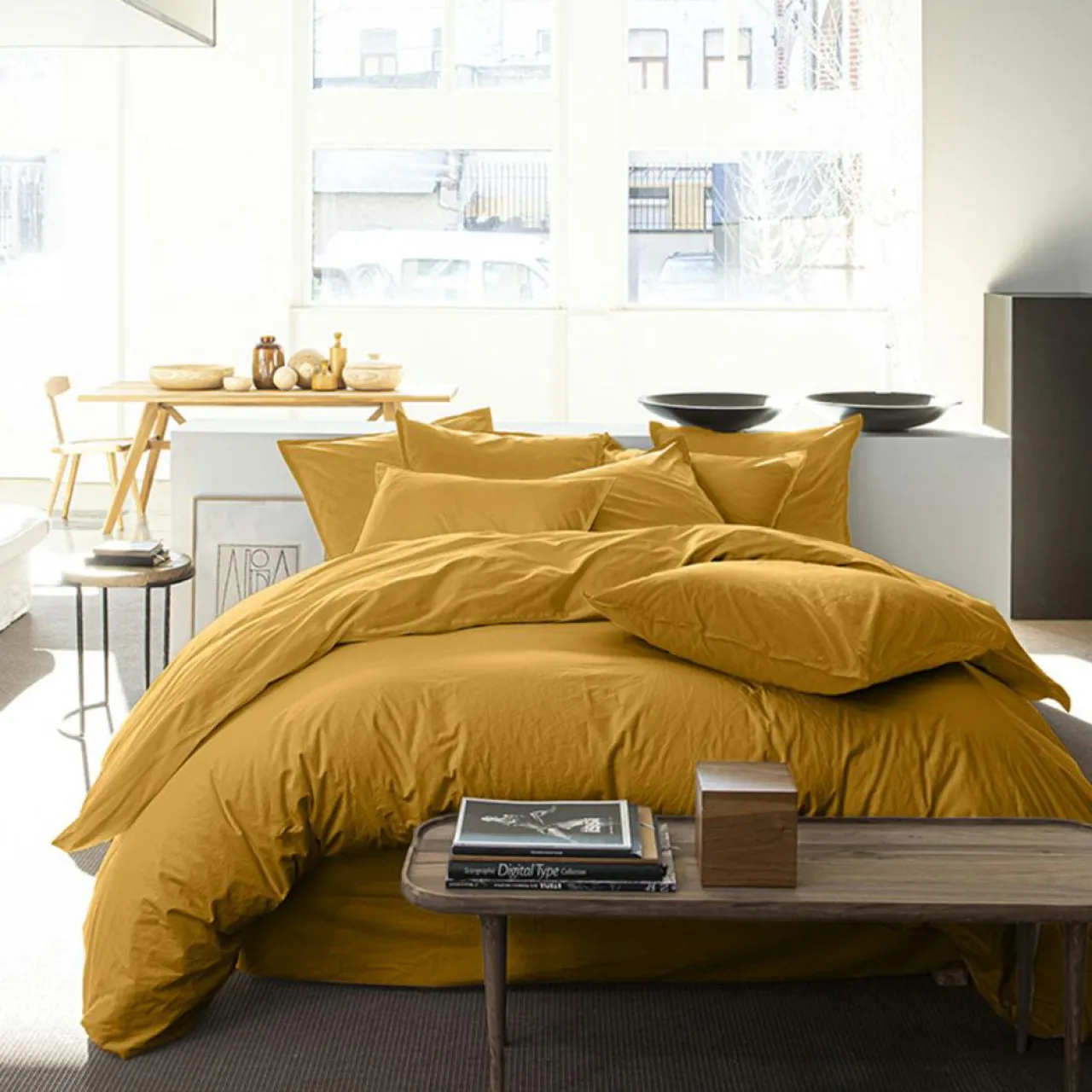 Taie D'oreiller 100% Percale de Coton jaune moutarde