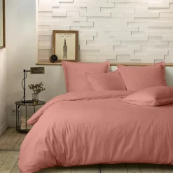 Taie d'oreiller avec volant en percale de coton lavé rose poudré