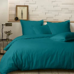 Taie d'oreiller avec volant en percale de coton lavé bleu canard