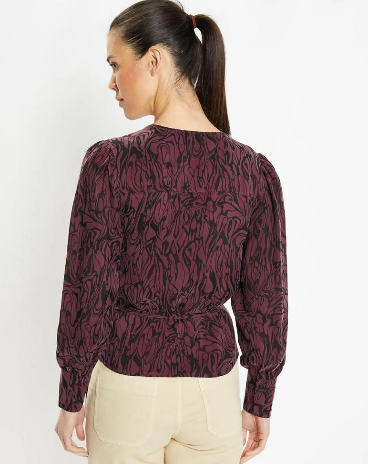 Top cache-cœur Caprice imprimé fantaisie lie de vin