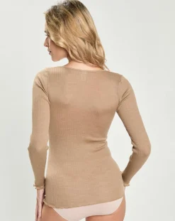 Top en laine et soie manches longues beige