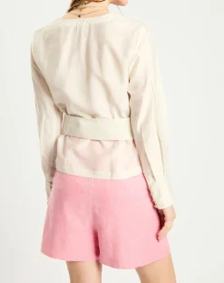 Top en Lin mélangé ceinturé écru