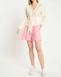 Top en Lin mélangé ceinturé écru