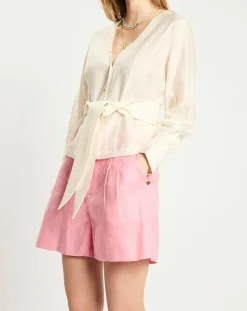 Top en Lin mélangé ceinturé écru