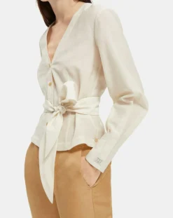 Top en Lin mélangé ceinturé écru