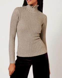 Top en maille Funnel Neck Cote Lurex argenté