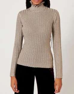Top en maille Funnel Neck Cote Lurex argenté