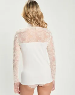 Top en micromodal dentelle manches longues naturel