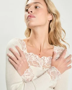Top en micromodal manches longues haut dentelle blanc