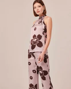 Top imprimé fleuri en satin parme