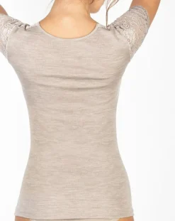 Top manches courtes en Laine mélangée dentelle beige