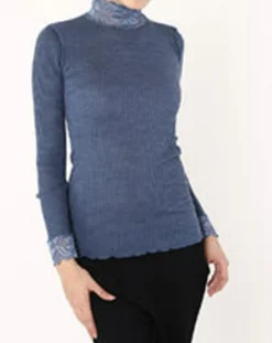 Top manches longues col rond dentelle Laine plissée bleu marine