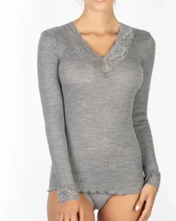 Top manches longues Col V dentelle laine plissée argenté