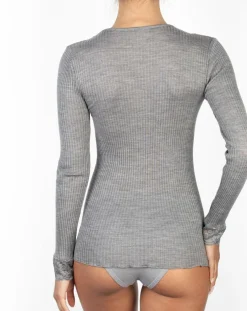 Top manches longues Col V dentelle laine plissée argenté