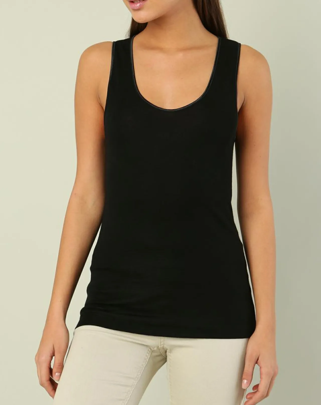 Top sans manches bord satin en Laine & Soie noir