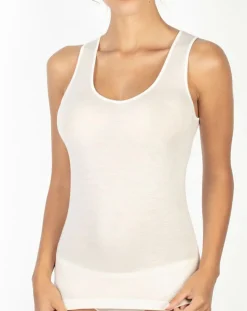 Top sans manches bord satin en Laine & Soie ivoire