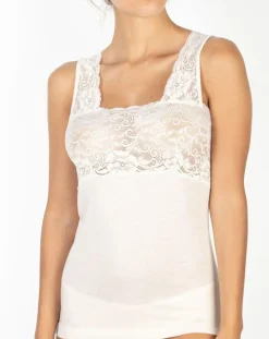Top sans manches bretelles larges dentelle ivoire