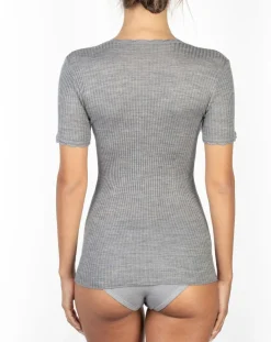 Top sans manches Col V dentelle laine plissée gris