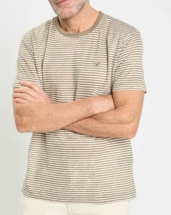 T-Shirt 100% Lin Regular Fit Bat à rayures beige foncé