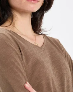 T-Shirt Col V en Coton flammé kaki