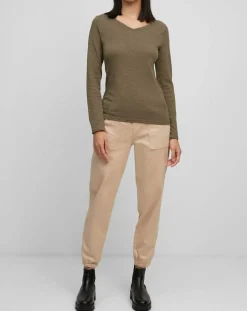 T-Shirt Col V en Coton flammé kaki