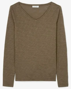 T-Shirt Col V en Coton flammé kaki