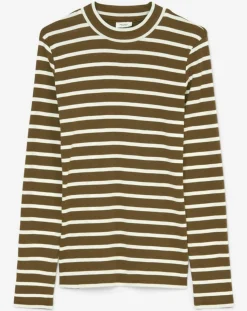 T-Shirt en Coton mélangé Turtle rayé écru/marron