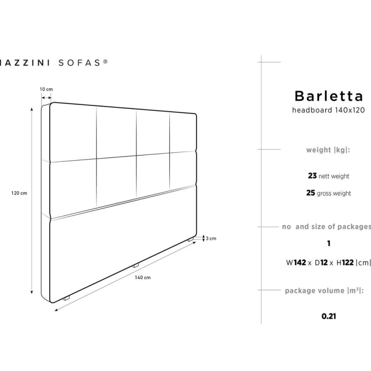 Tête de lit Barletta gris clair - 180x120 cm