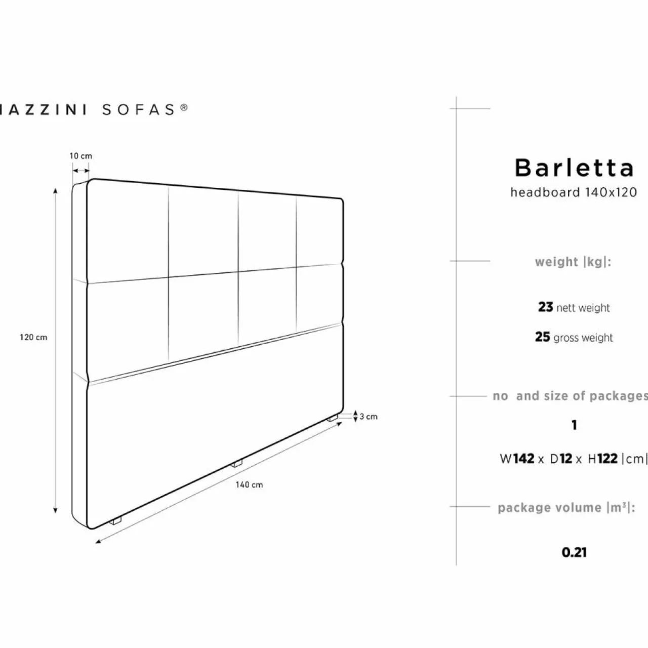 Tête de lit Barletta gris clair - 200x120 cm